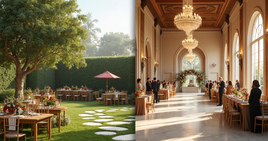 A split-view photo showing a simple, intimate budget wedding on one side and an extravagant luxury wedding on the other side