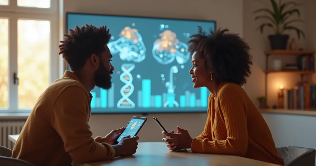 Diverse couple sitting at a table discussing marriage with scientific charts in the background