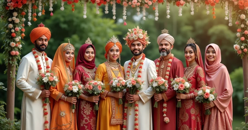 Couples in traditional wedding attire from various cultures standing together outdoors