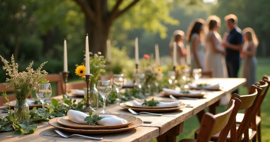 Decorated wedding table with sustainable materials and natural flowers
