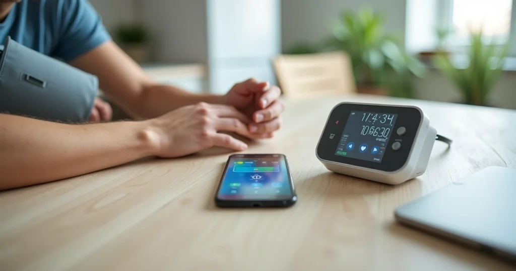 Person checking blood pressure app on smartphone next to digital monitor