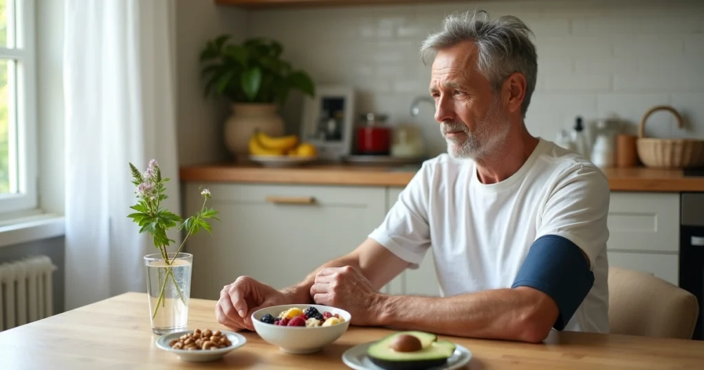 Middle-aged person checking blood pressure at home with healthy breakfast on table