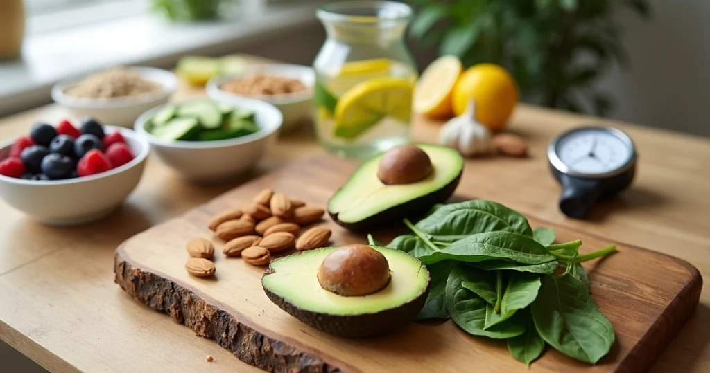 Assortment of healthy foods that help lower blood pressure on a wooden table