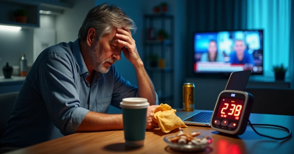 Stressed adult holding salty snack with blood pressure monitor on table