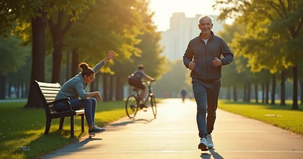 Middle-aged man walking outdoors for safe hypertension exercise