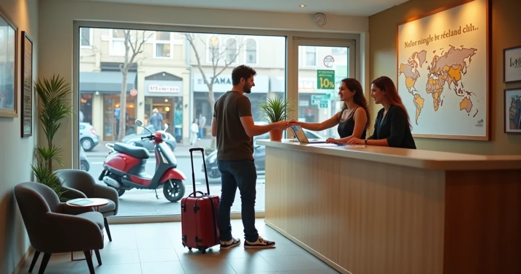 Young traveler checking into a budget hotel abroad with suitcase at reception desk
