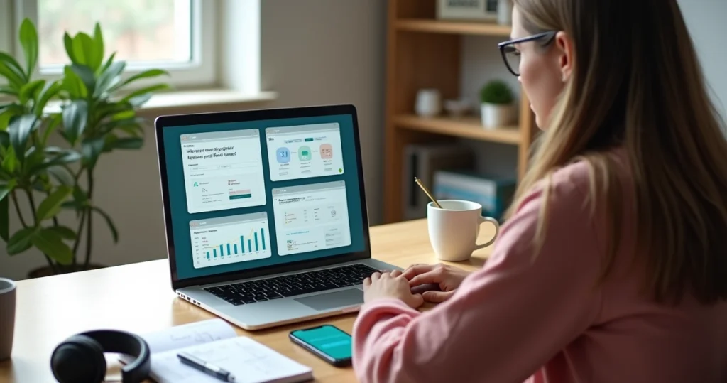 Person comparing digital side gig platforms on laptop and smartphone at modern desk