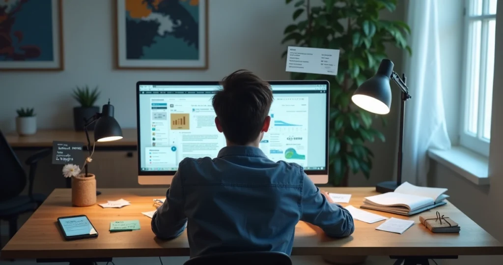 Young person at desk juggling multiple digital side work tasks on a laptop