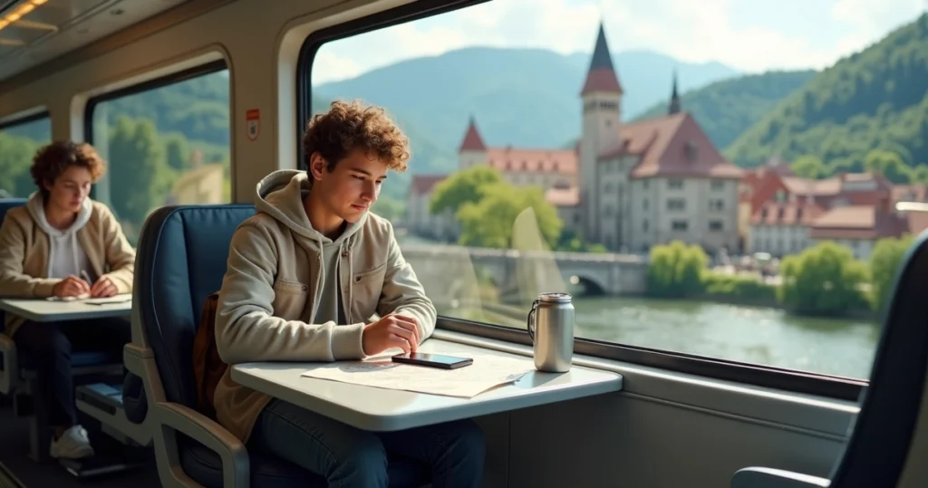 Young traveler on a European train looking out at a scenic city and countryside
