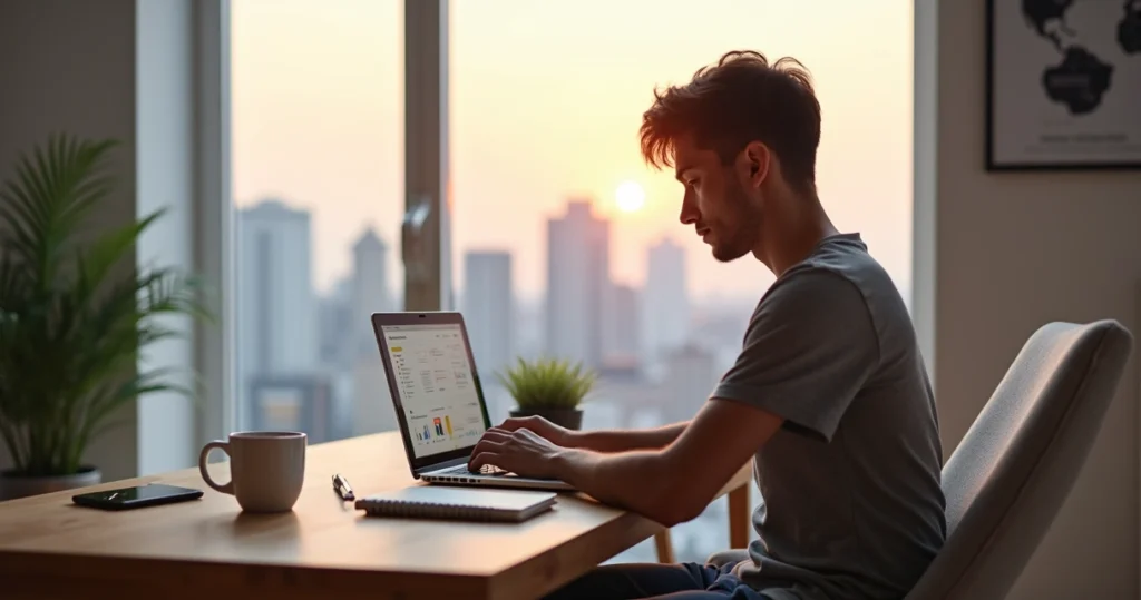 Freelancer working on a laptop with global digital platforms on screen