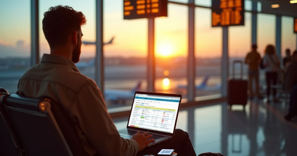 Traveler searching last-minute flights on a laptop at an airport gate