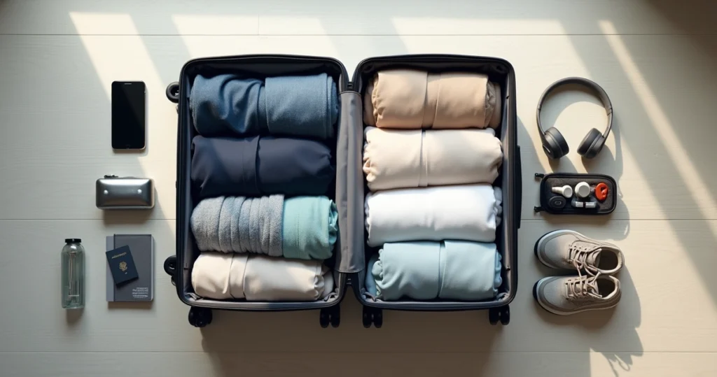 Open suitcase neatly packed with clothes and travel essentials