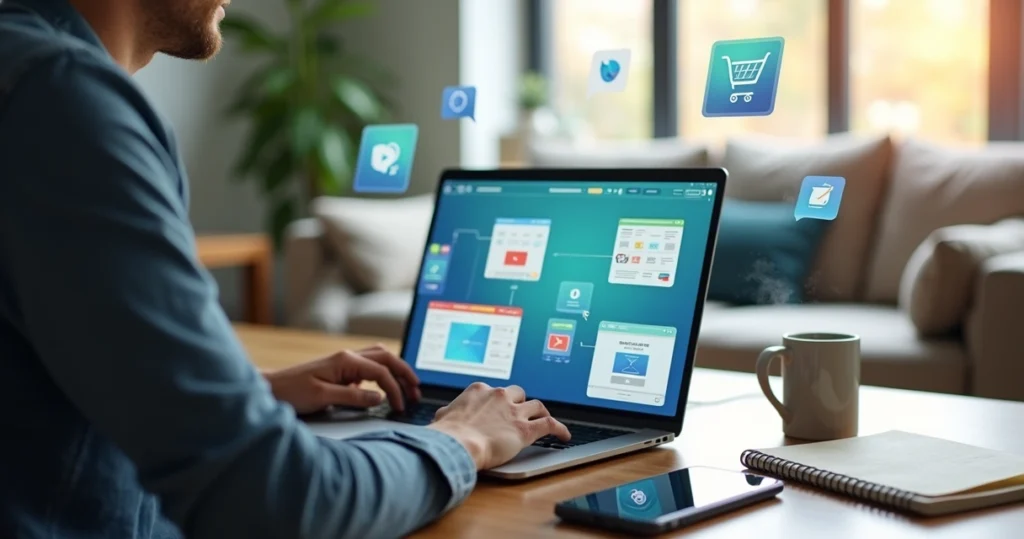 Person working on a laptop at home surrounded by digital side hustle icons