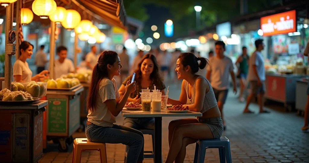 Group of friends sharing street food at a busy night market