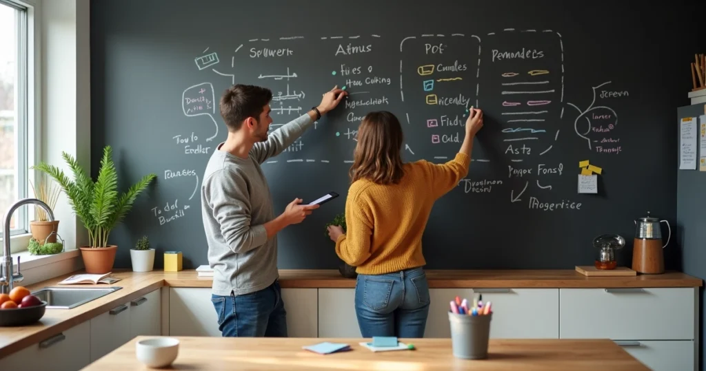 Couple in bright kitchen using a chalkboard wall to organize daily tasks together