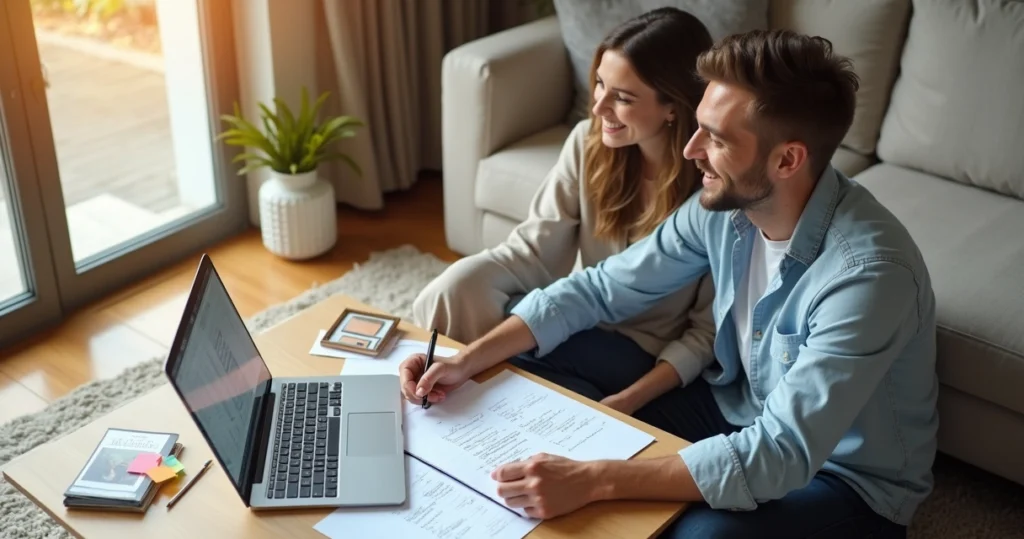 Engaged couple sitting on living room floor planning wedding together