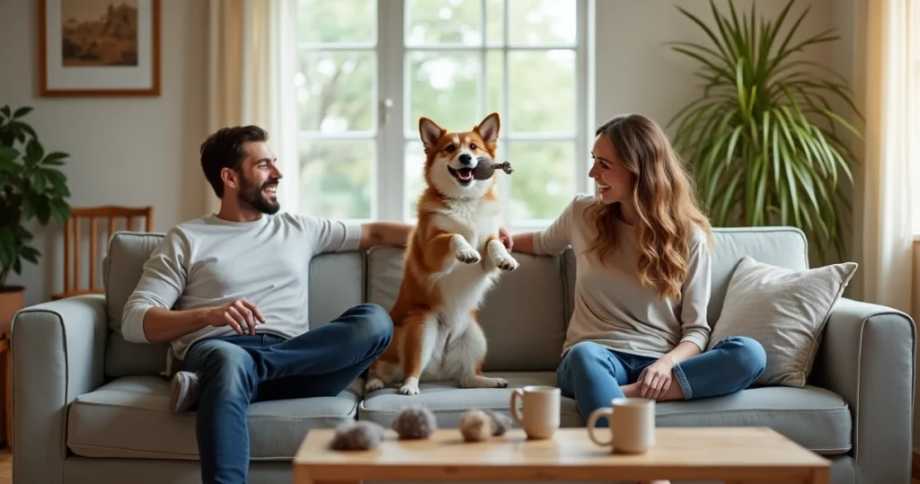 Married couple laughing together on sofa while their dog jumps between them