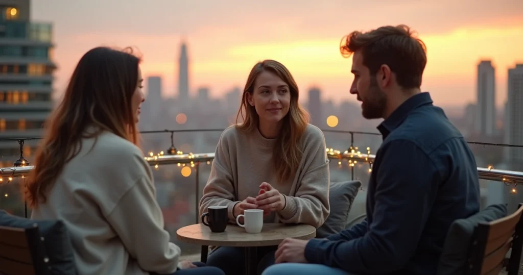 Three adults talking on a rooftop at sunset