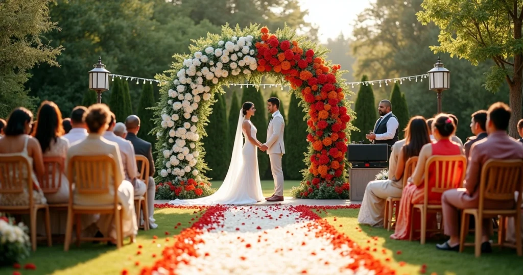 Multicultural wedding couple under arch with blended traditions