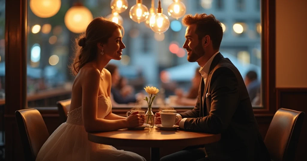 Newlywed couple sharing a quiet smile and touch at a dinner table