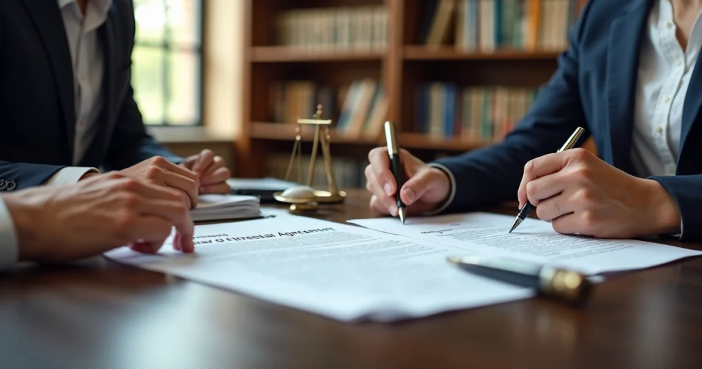 Couple at lawyer desk reviewing prenuptial agreement documents